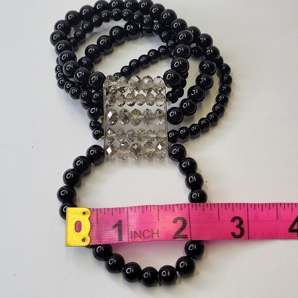 Black Faux Pearl Stretch Bracelet 5 Strand Wide Faux Pearl Elastic Bracelet - Picture 5 of 9